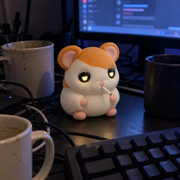The Hamster at 2 am in a dark room between empty mugs, its eyes tired