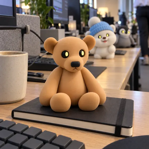 The Tan Bear on a notebook in an office, the Winter Bear and the Penguin on the desks behind