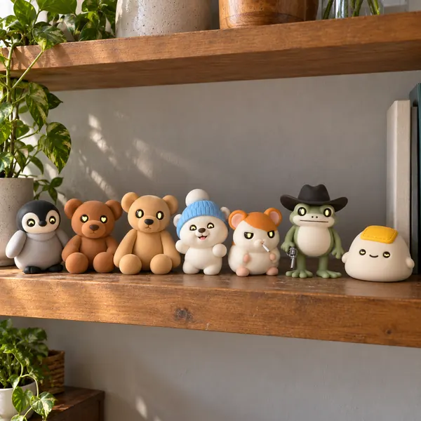 All seven buddies lined up on a wooden shelf
