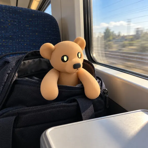 The Tan Bear peeking out of a backpack on a train