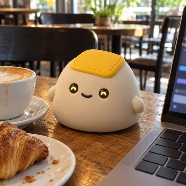 Butter Mochi on a café table beside a cappuccino, a croissant and a laptop
