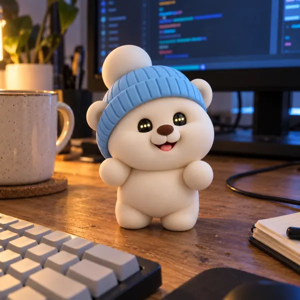 The Winter Bear at work after a slap, its screen eyes showing a loading animation