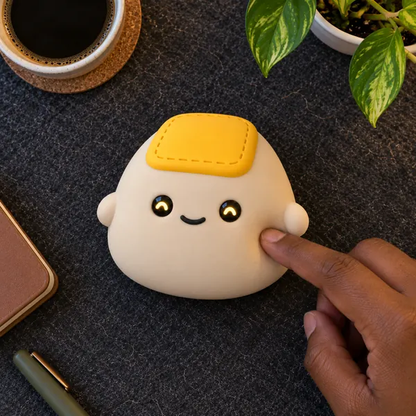 A finger poking Butter Mochi's squishy side on a desk mat