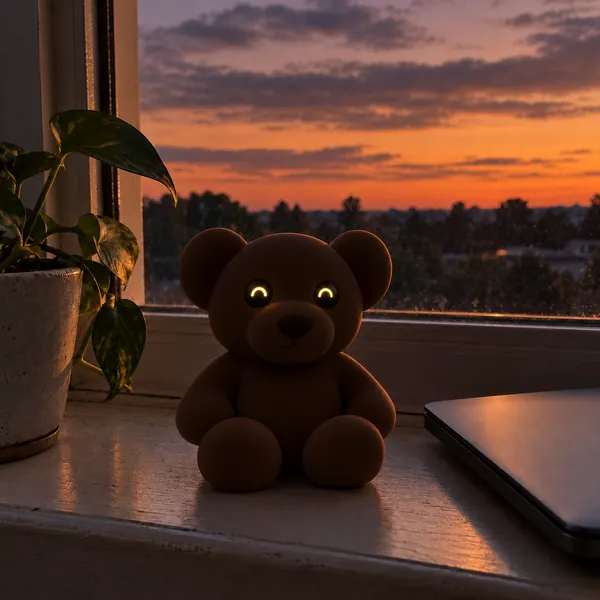 The Brown Bear on a windowsill at sunset, its eyes glowing
