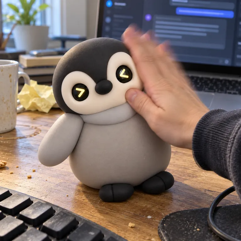 A hand slapping the silicone penguin on the cheek, its screen eyes squeezed shut