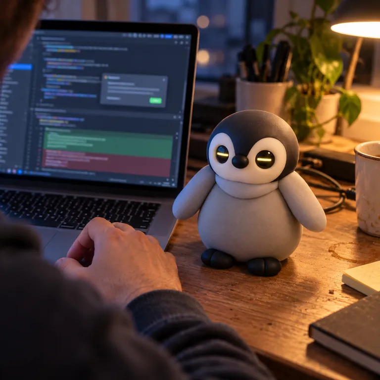 The penguin next to a laptop, its eyes scanning while a code fix pops up on the screen