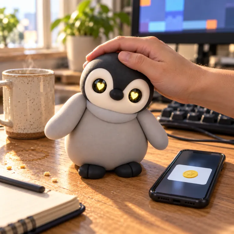 A hand patting the penguin's head, its eyes turned to hearts, a coin notification on the phone beside it